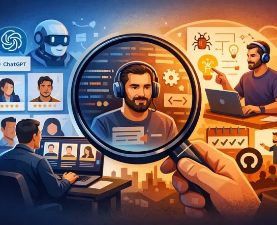 Illustration of evaluating a remote developer through code review, interviews, and performance metrics.