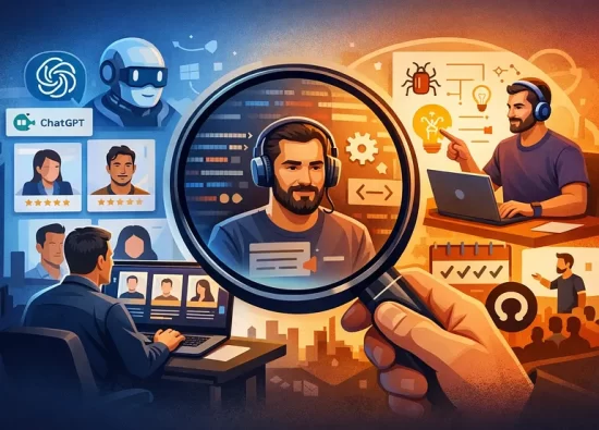 Illustration of evaluating a remote developer through code review, interviews, and performance metrics.