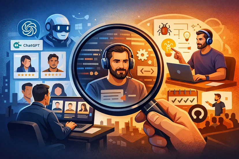 Illustration of evaluating a remote developer through code review, interviews, and performance metrics.